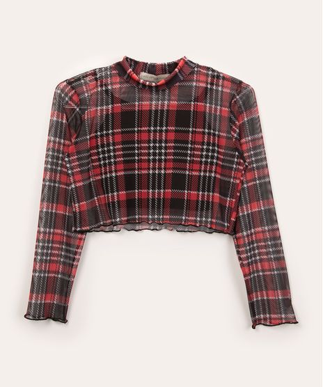 Blusa Juvenil Manga Longa de Tule Xadrez Multicor