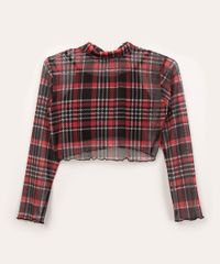 Blusa Juvenil Manga Longa de Tule Xadrez Multicor