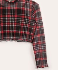 Blusa Juvenil Manga Longa de Tule Xadrez Multicor