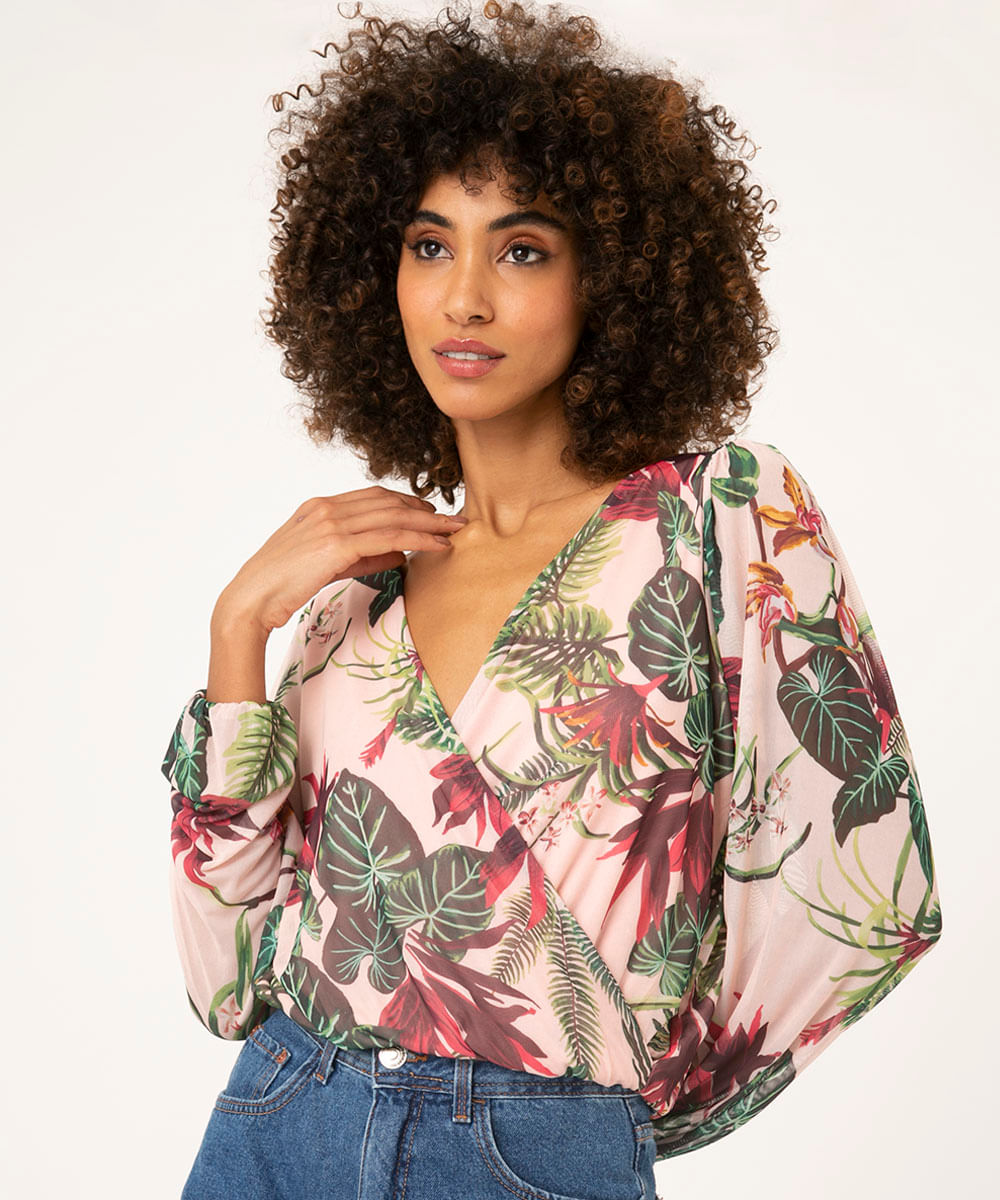 blusa manga longa de tule floral rosa