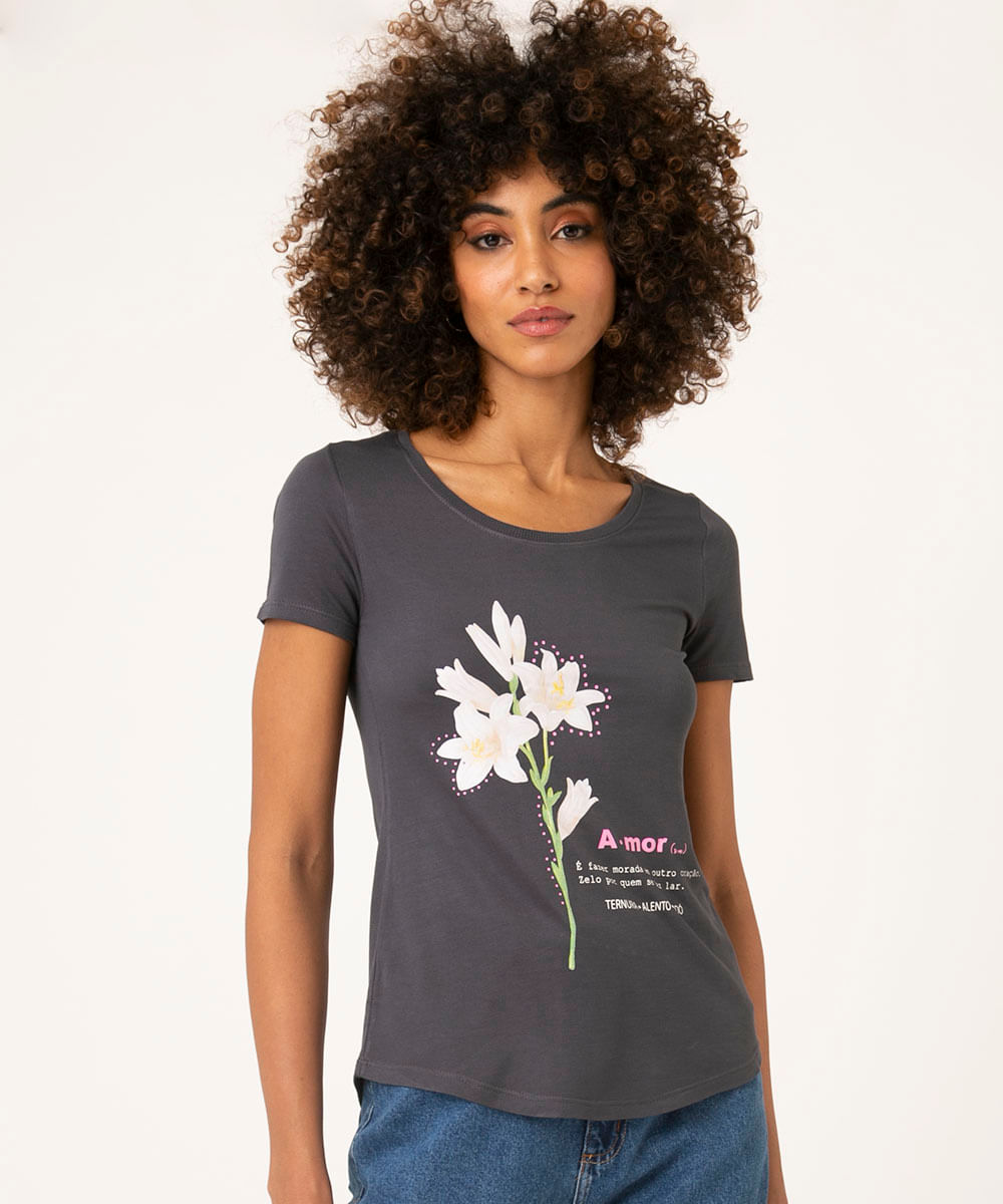 Camiseta Flores "Amor" Manga Curta Decote Redondo Chumbo