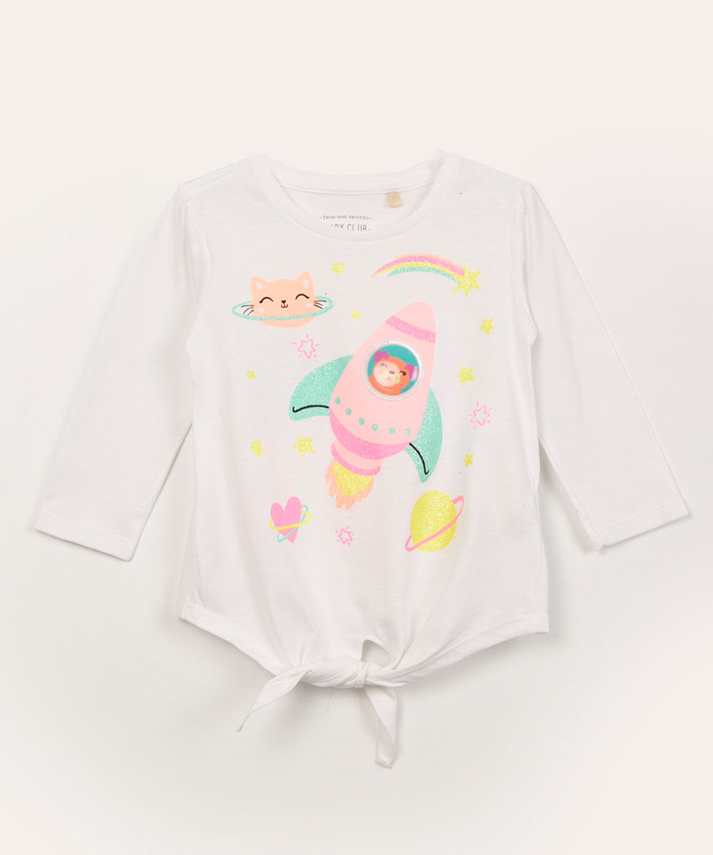 blusa infantil manga longa foguete com glitter off white