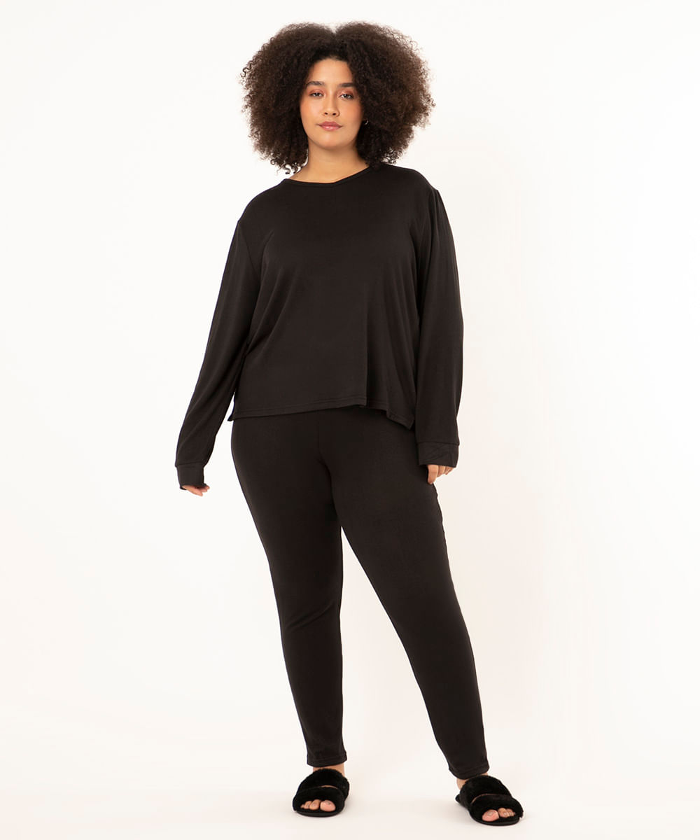 pijama plus size manga longa decote em v preto