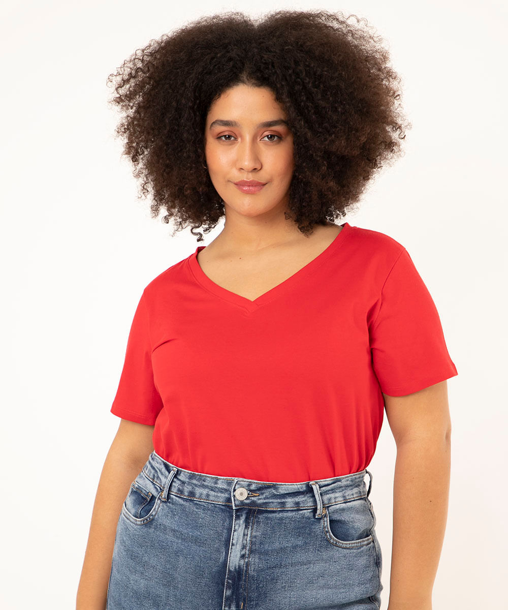 blusa plus size manga curta decote v verde militar - vermelho