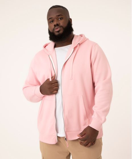 Blusão Plus Size de Moletom Básico com Capuz Rosa Masculino frente