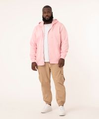 Blusão Plus Size de Moletom Básico com Capuz Rosa Masculino