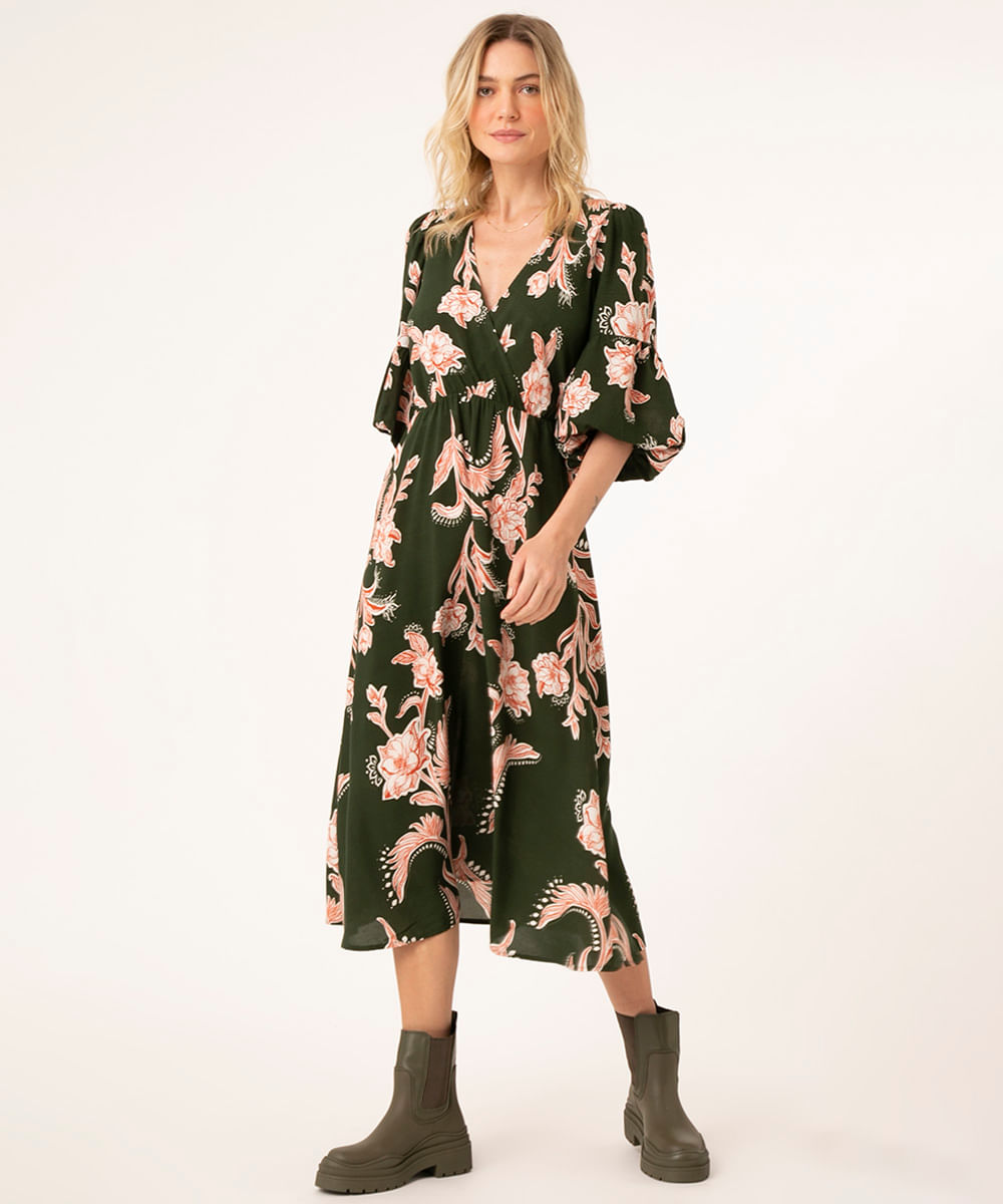 vestido midi de viscose floral transpassado verde