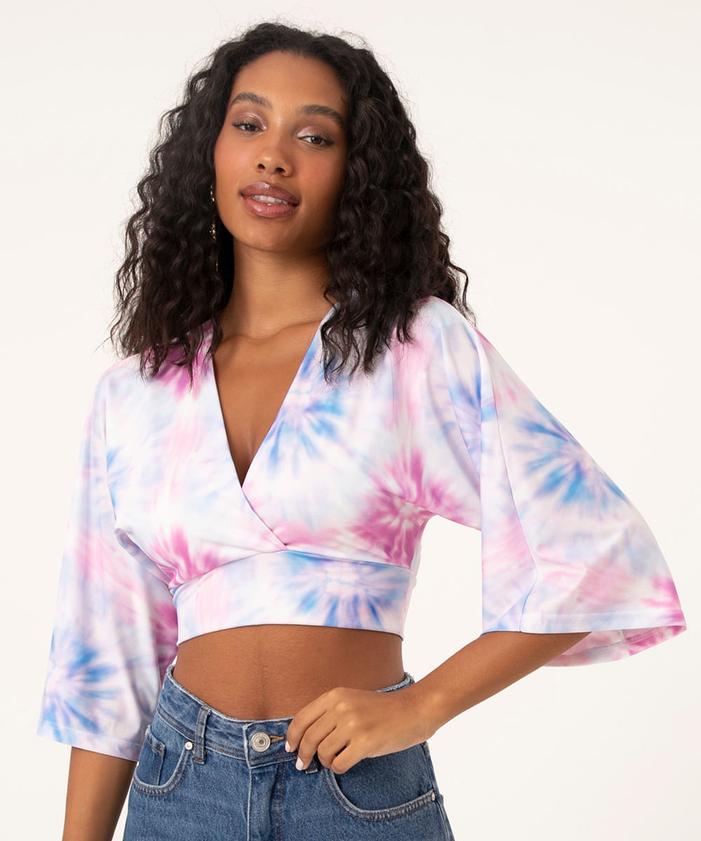 Top Cropped Feminino Estampado Tie Dye Manga Curta Morcego Decote V Off White