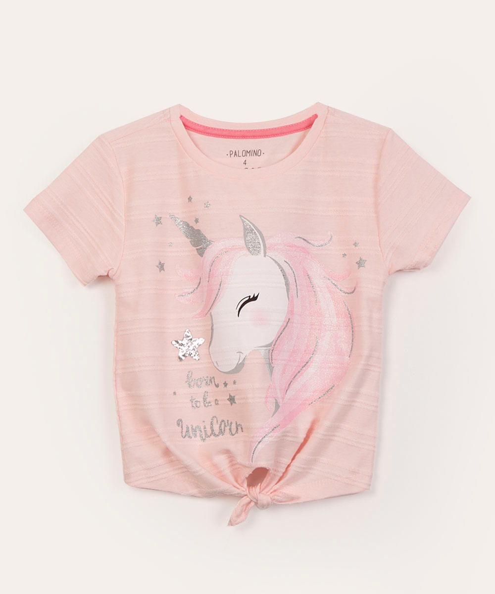 blusa infantil manga curta unicórnio rosa