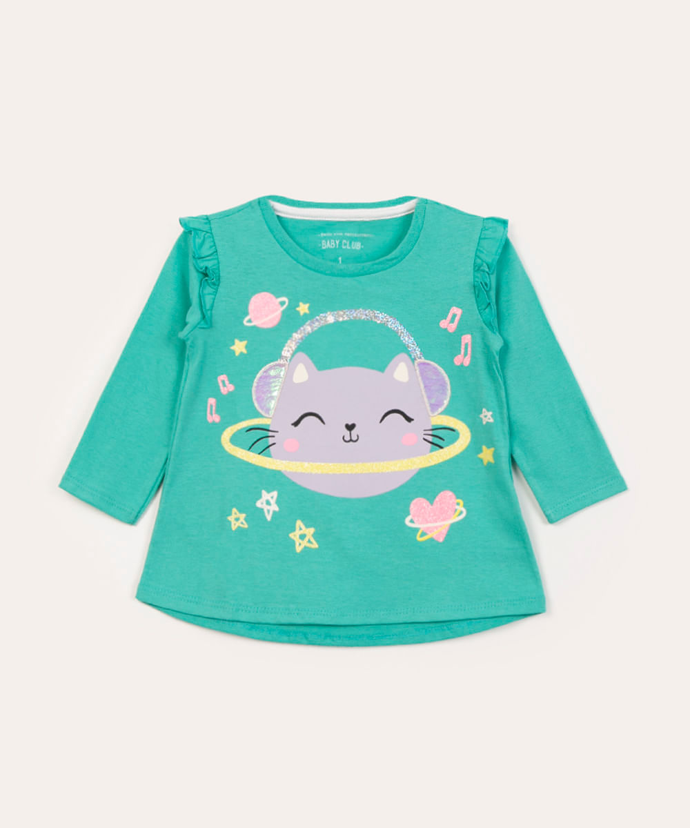 blusa infantil manga longa gato saturno verde