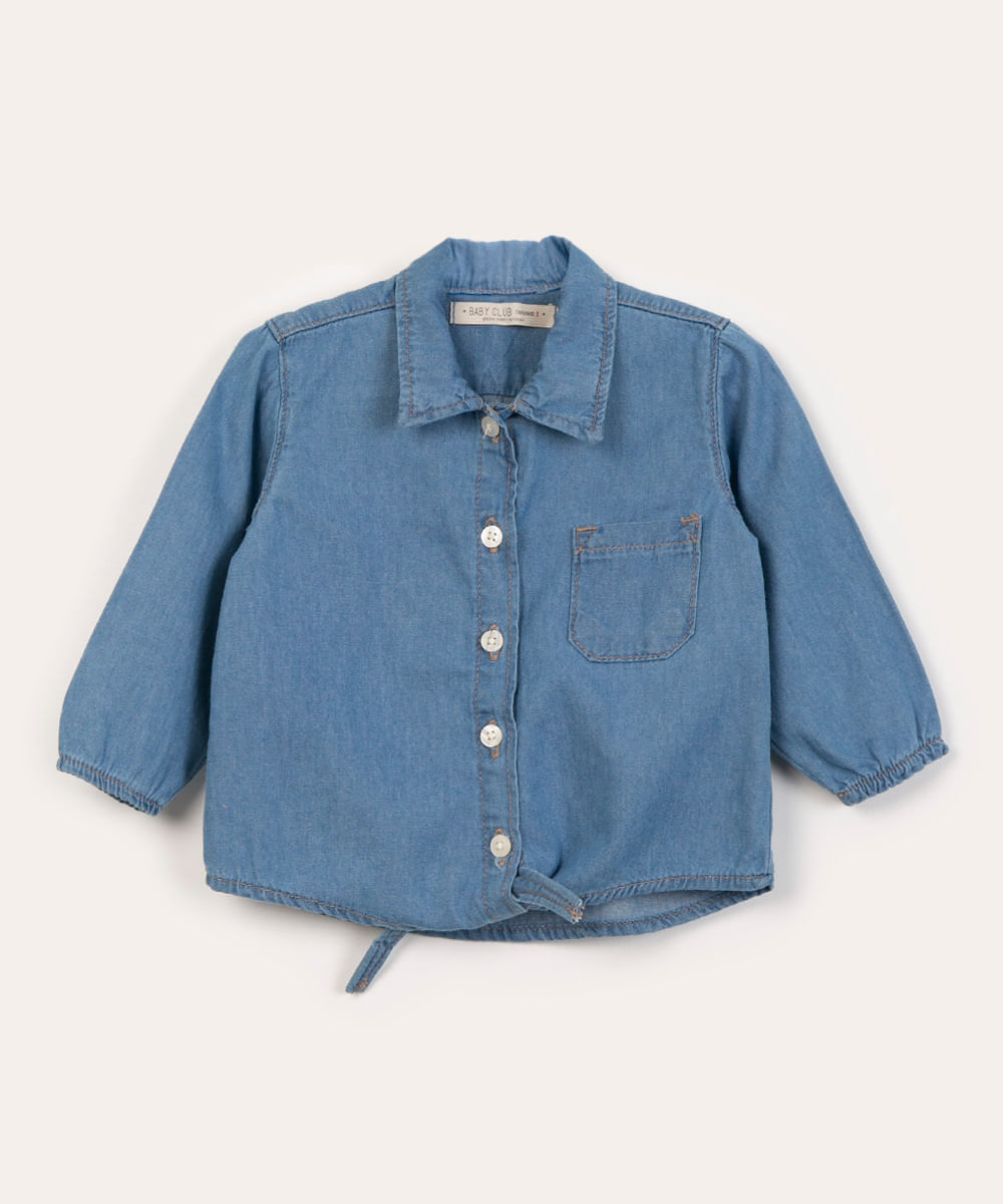 camisa infantil jeans com nó azul claro