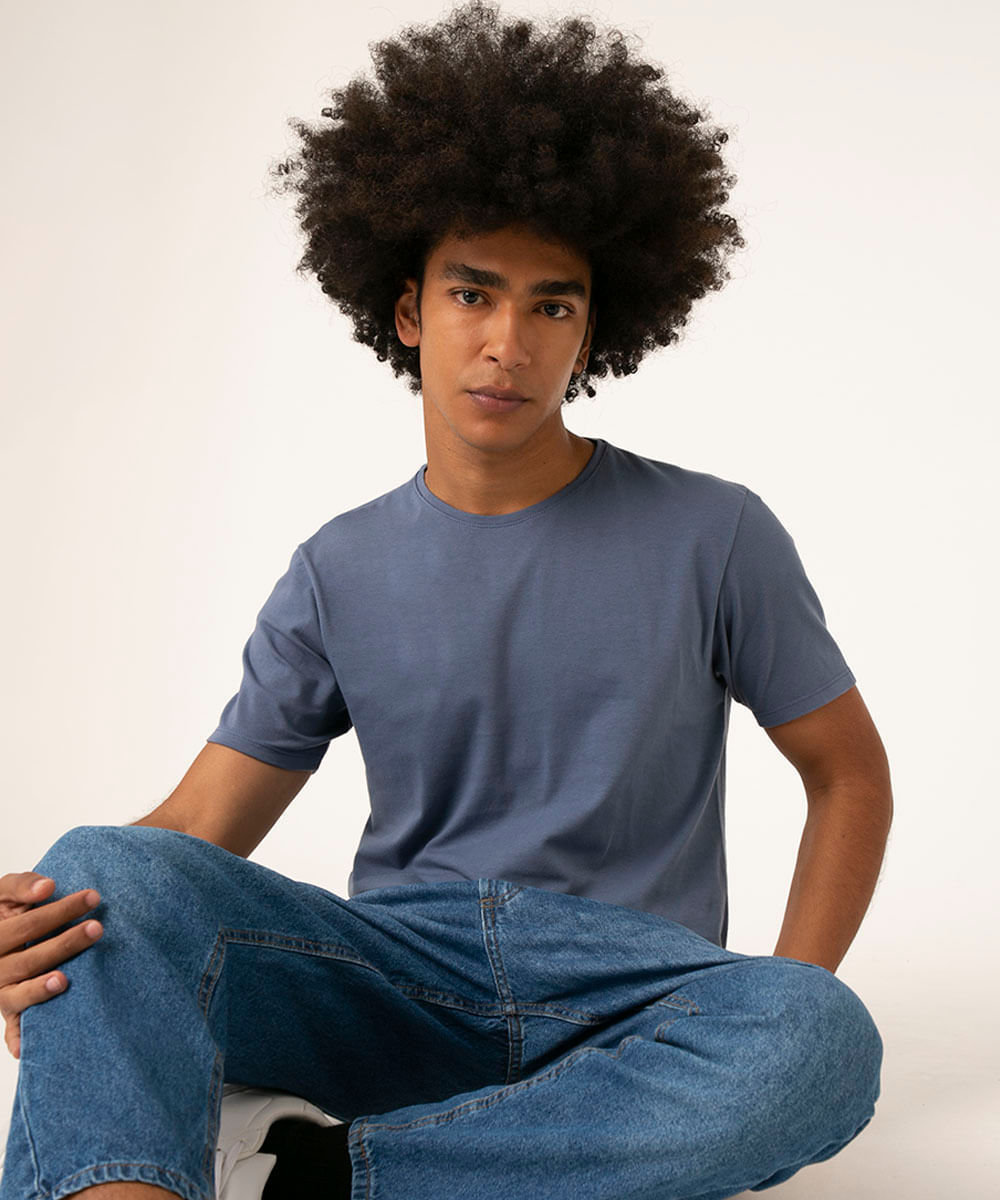 camiseta slim básica manga curta - azul jeans