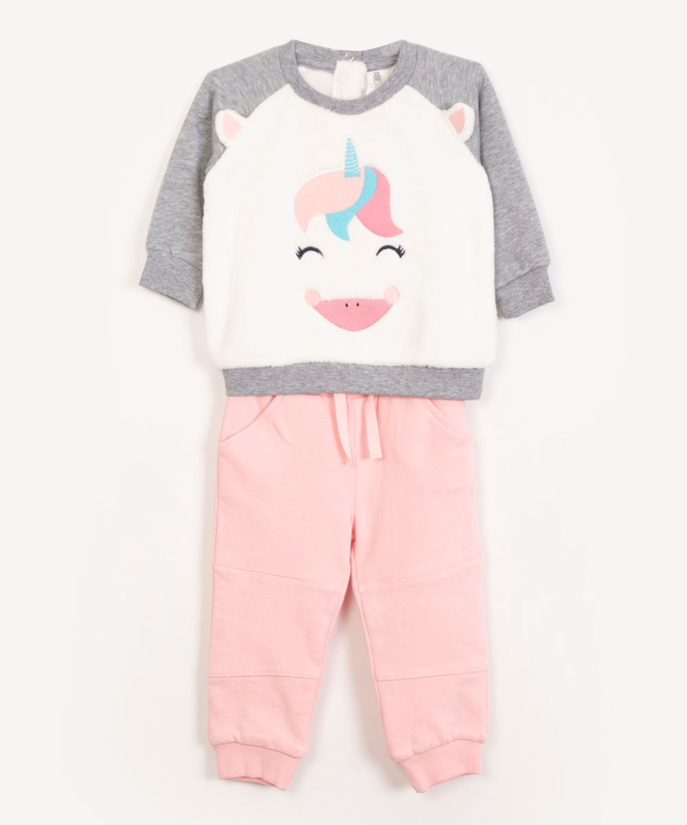 conjunto infantil raglan de pelúcia unicórnio cinza mescla