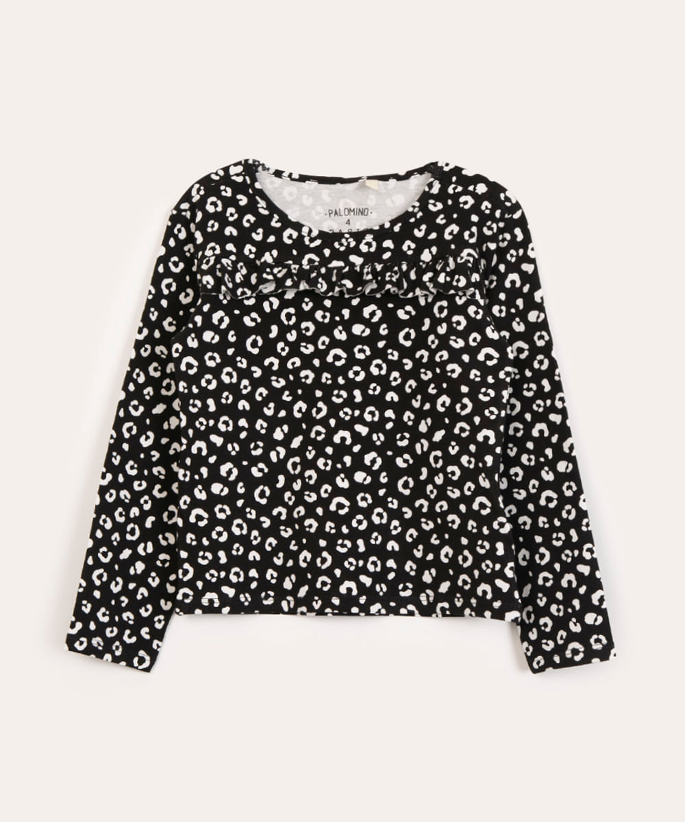 blusa infantil animal print manga longa com babados multicor