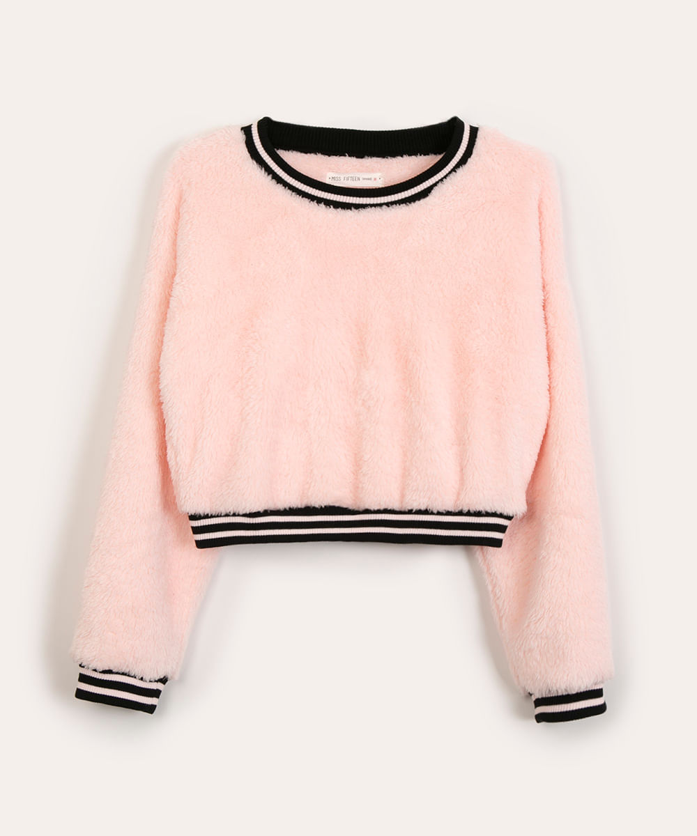 blusão juvenil cropped em sherpa com listra rosa