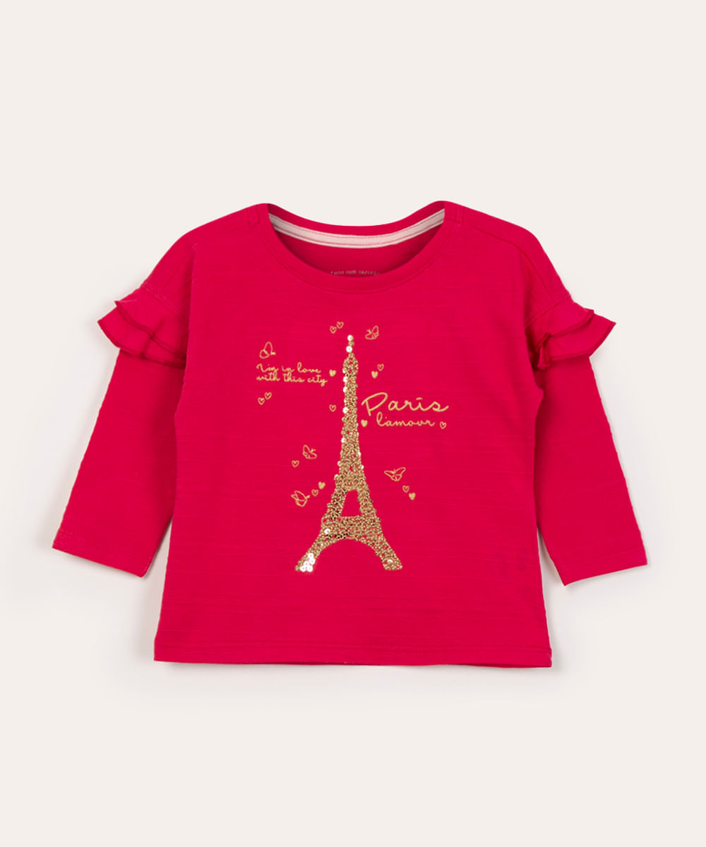 blusa infantil manga longa com babado paris cereja