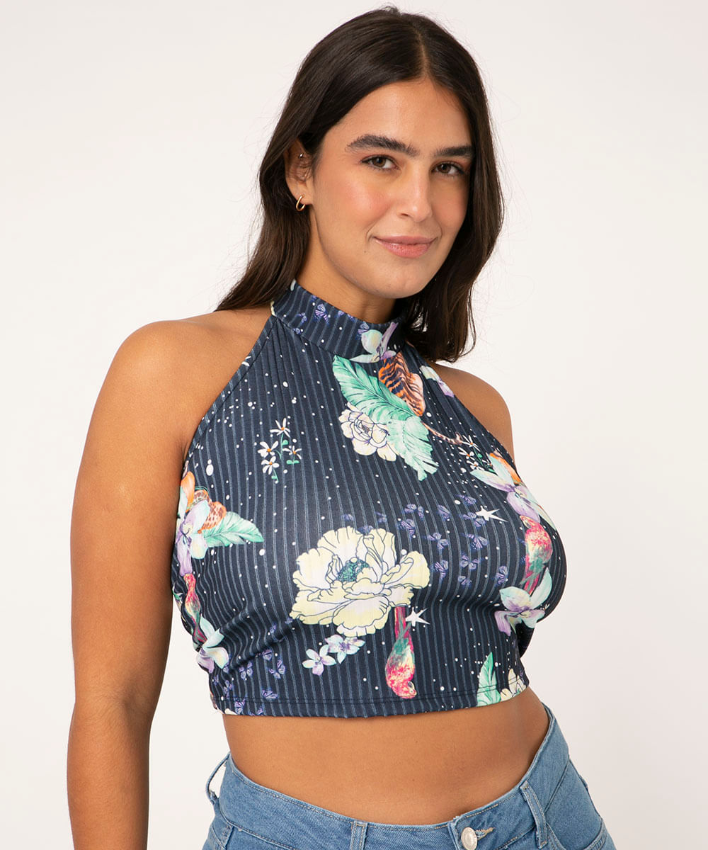 Top Cropped Feminino Frente Única Canelado Estampado Floral Gola Alta Azul Marinho