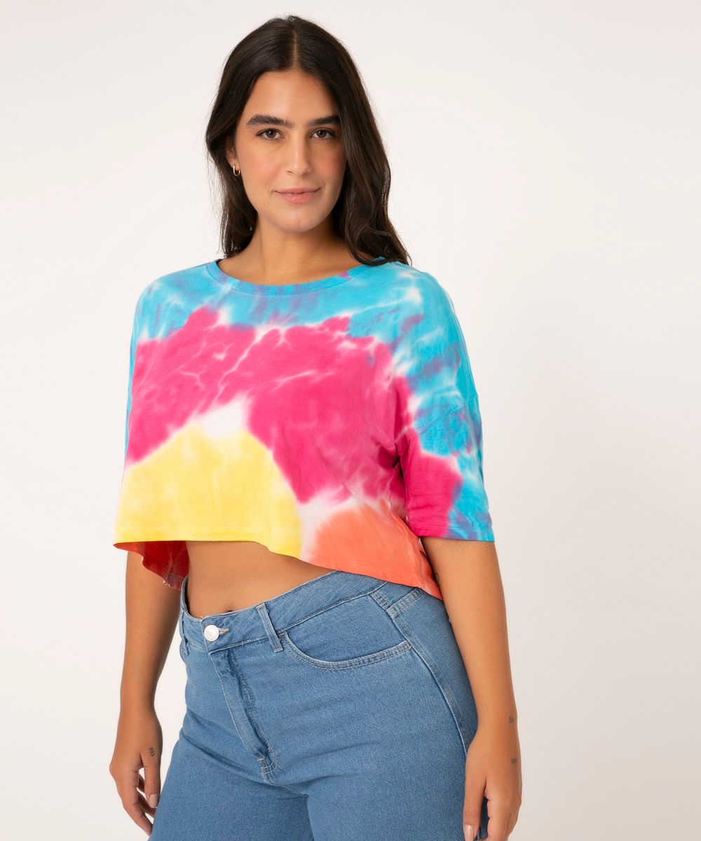 Camiseta Feminina Estampada Tie Dye Manga Curta Cropped Ampla Decote Redondo Multicor