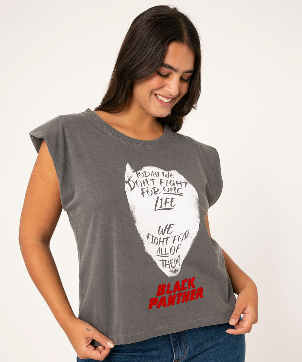 camiseta manga curta pantera negra cinza