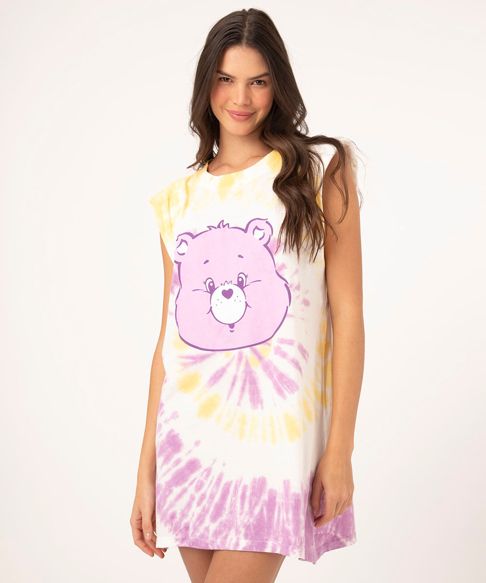 Vestido Muscle Dress de Algodão Estampado Tie Dye Ursinhos Carinhosos com Ombreira Curto Sem Manga Multicor