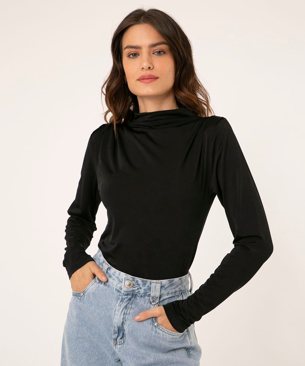 blusa gola alta manga longa com pregas preto