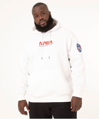 Blusa Plus Size de Moletom Nasa com Capuz Branco Masculina frente