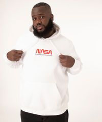 Blusa Plus Size de Moletom Nasa com Capuz Branco Masculina