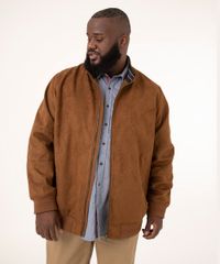 Jaqueta Plus Size de Suede com Bolsos Gola Alta Marrom Masculino frente