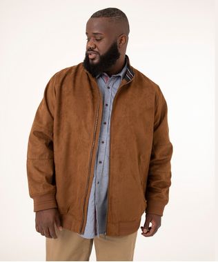 Jaqueta Plus Size de Suede com Bolsos Gola Alta Marrom Masculino frente