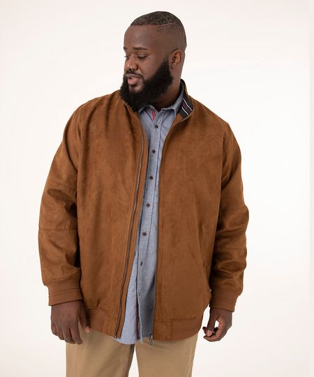 Jaqueta Plus Size de Suede com Bolsos Gola Alta Marrom Masculino frente Jaqueta Plus Size de Suede com Bolsos Gola Alta Marrom Masculino frente
