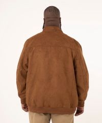Jaqueta Plus Size de Suede com Bolsos Gola Alta Marrom Masculino costas