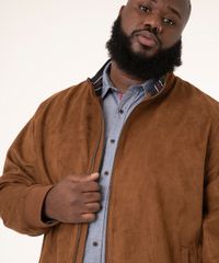 Jaqueta Plus Size de Suede com Bolsos Gola Alta Marrom Masculino