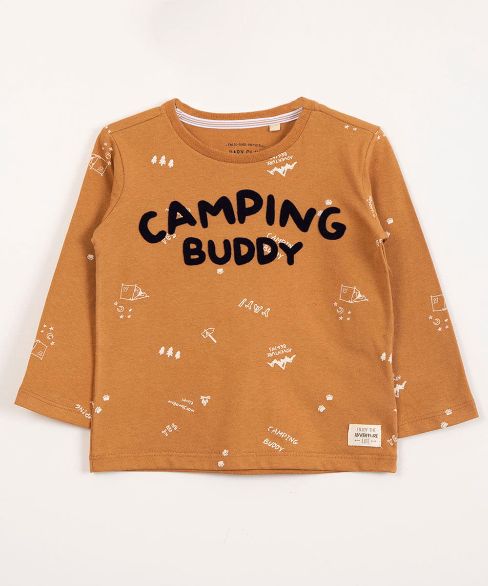 camiseta infantil manga longa camping buddy bege