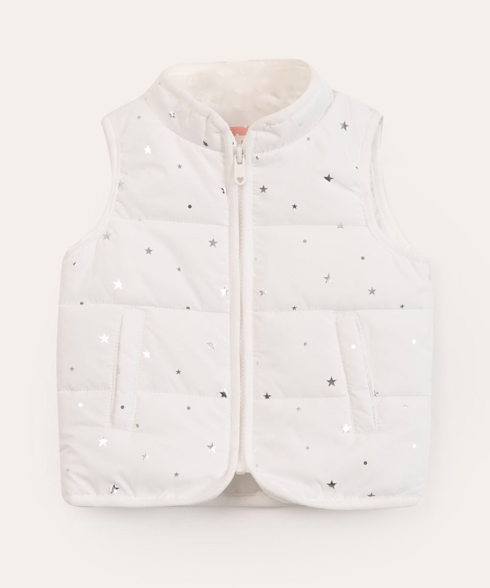 colete infantil puffer estrelas metalizadas off white