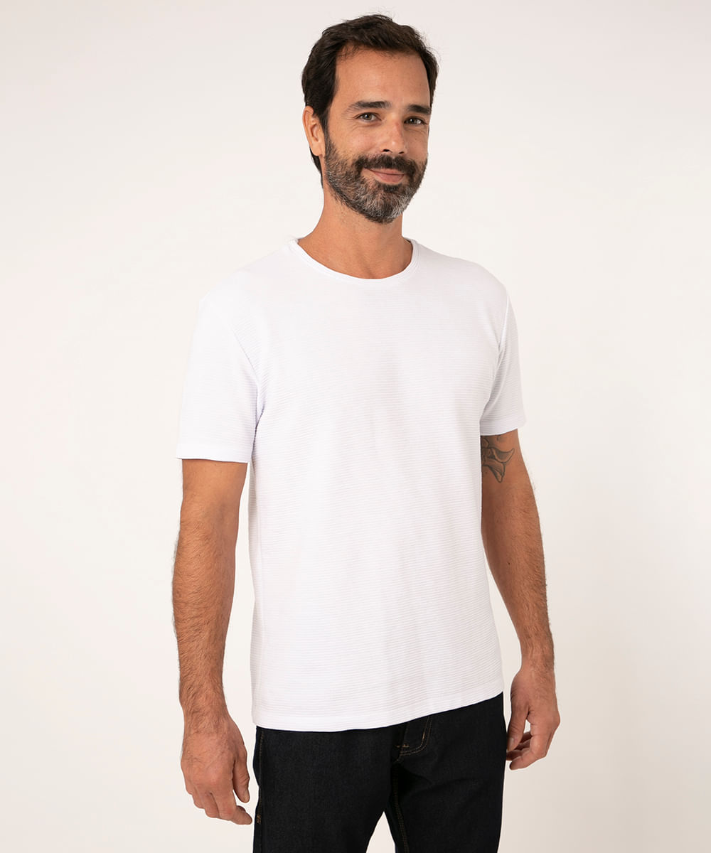 camiseta slim texturizada manga curta gola careca branco