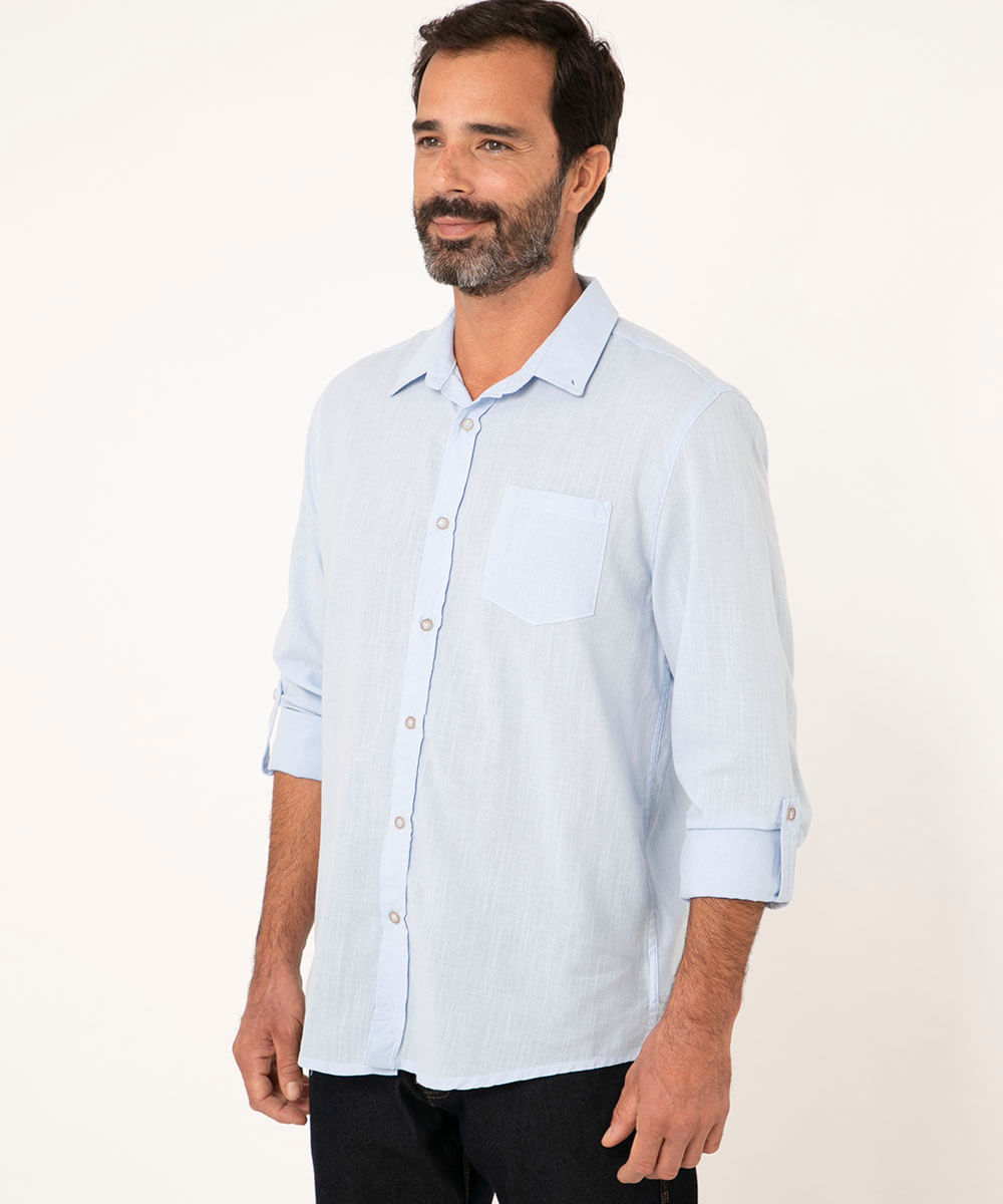 camisa manga longa comfort com bolso azul