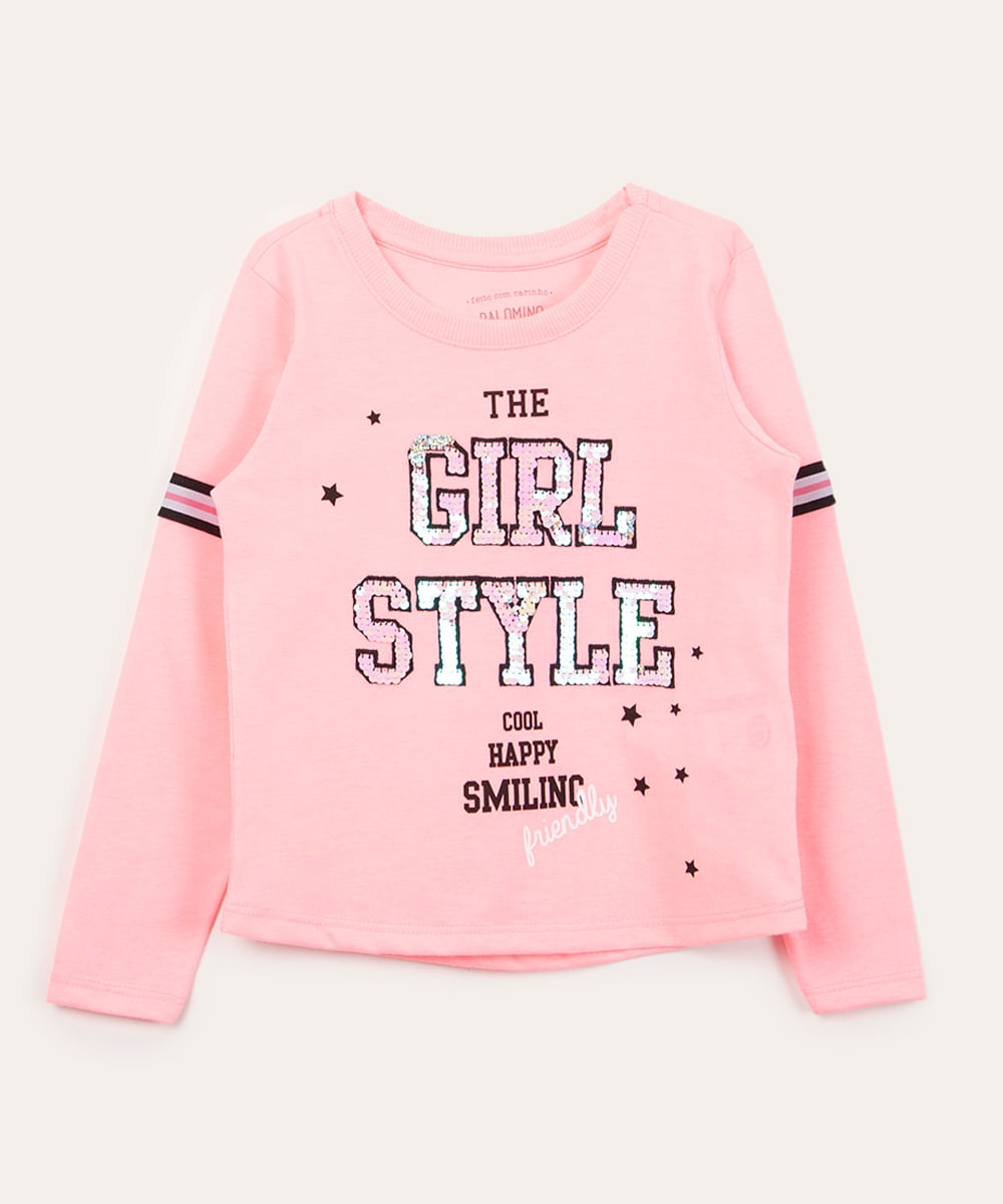 blusa infantil manga longa com paetês rosa neon