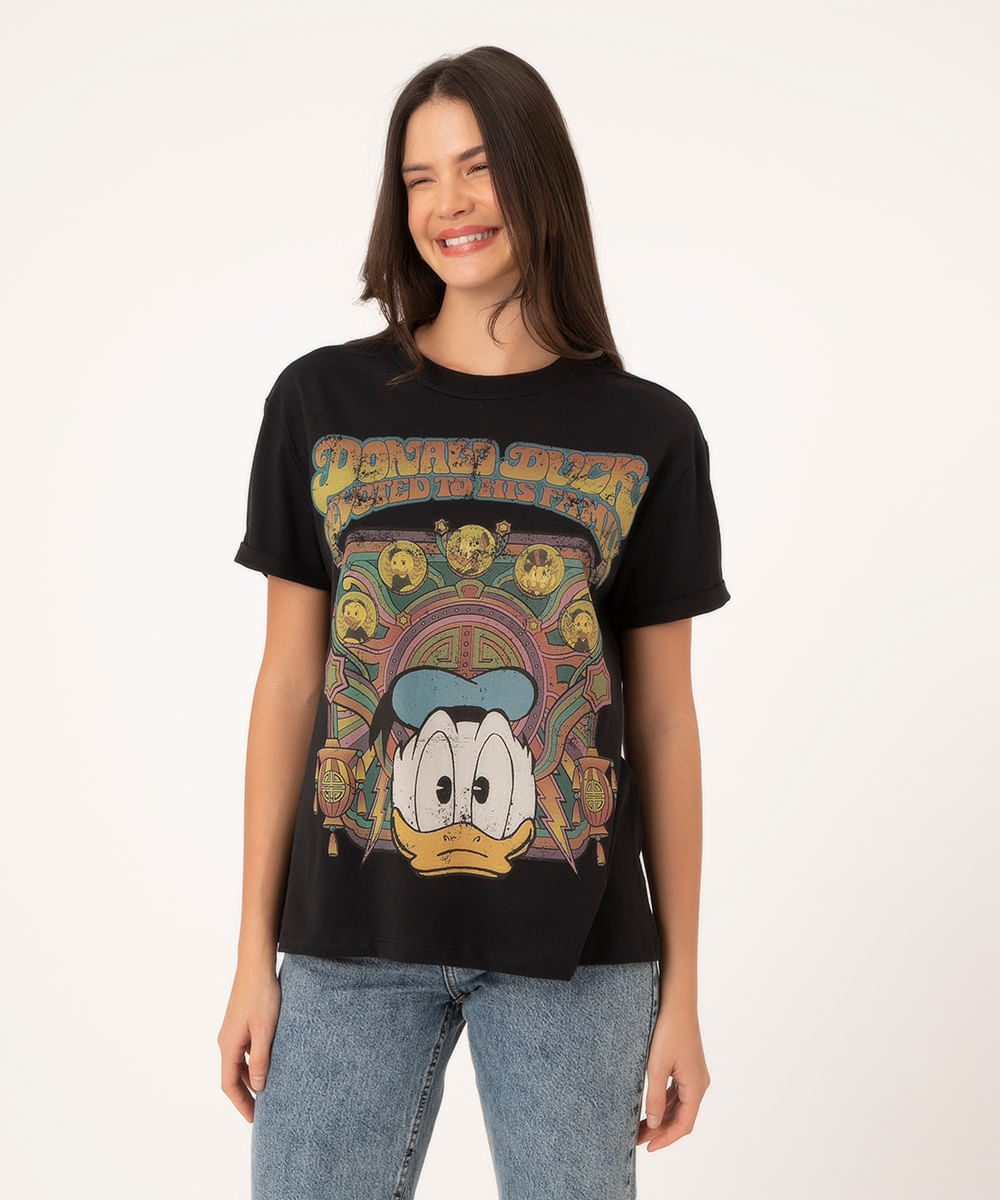 camiseta de algodão pato donald preta