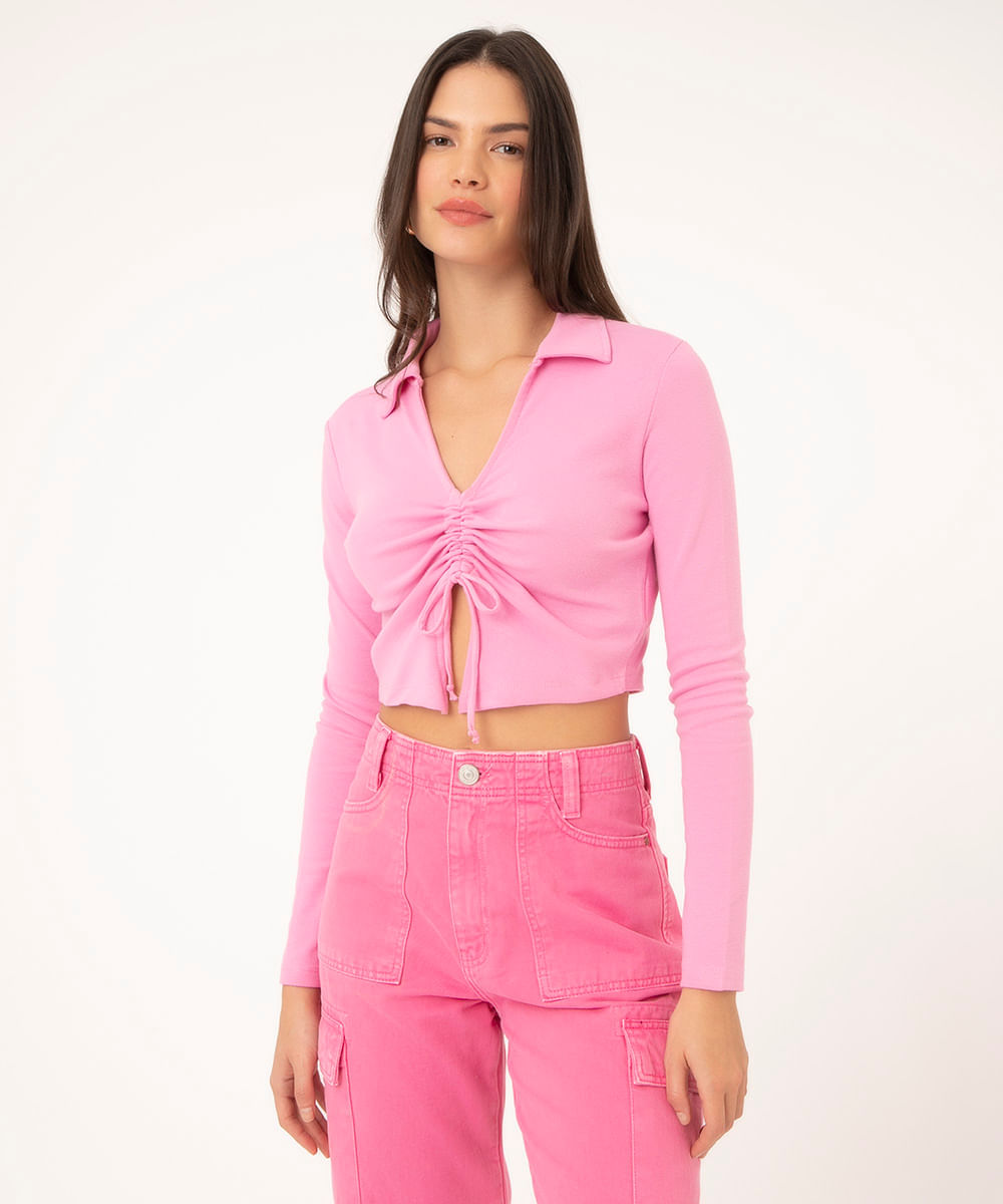 blusa cropped manga longa com franzido gola polo pink