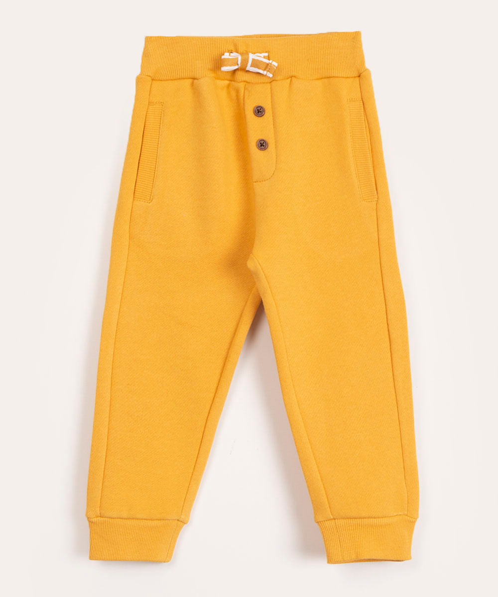 calça de moletom infantil com botões e bolsos amarelo