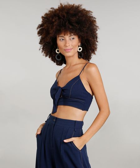 Top Cropped Feminino Dress To Linho com Nó Azul Marinho