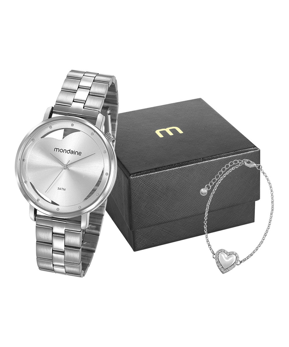 kit de relógio feminino mondaine analógico + pulseira prateado