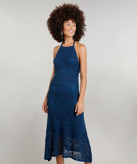 Vestido Feminino Halter Neck Midi Dress To em Crochê Azul Menor preço em Vestido Feminino Halter Neck Midi Dress To em Crochê Azul