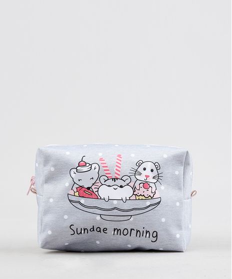 Necessaire-Feminina-Estampada-de-Poas-com-Ratinhos-Cinza-Mescla-9312743-Cinza_Mescla_1