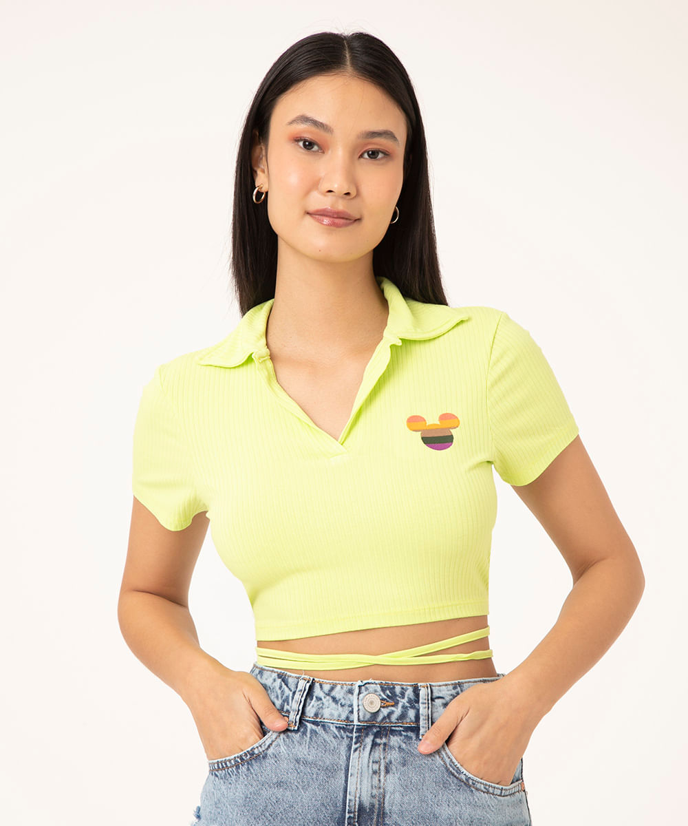 polo cropped amarração mickey mouse verde lima