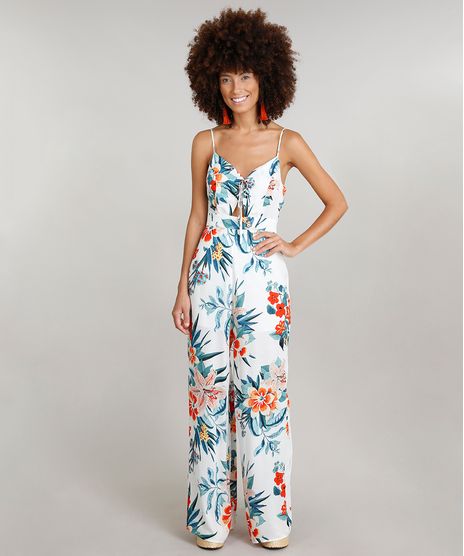 Macacao-Feminino-Dress-To-Estampado-Floral-com-Lace-Up-e-Vazado-Alcas-Finas-Decote-V-Branco-9237737-Branco_1