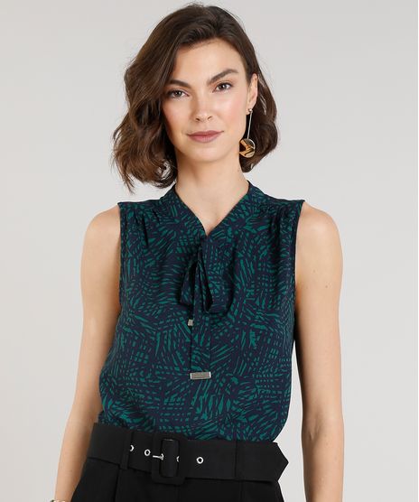 Regata-Feminina-Estampada-de-Folhagem-com-Gola-Laco-Verde-9109063-Verde_1