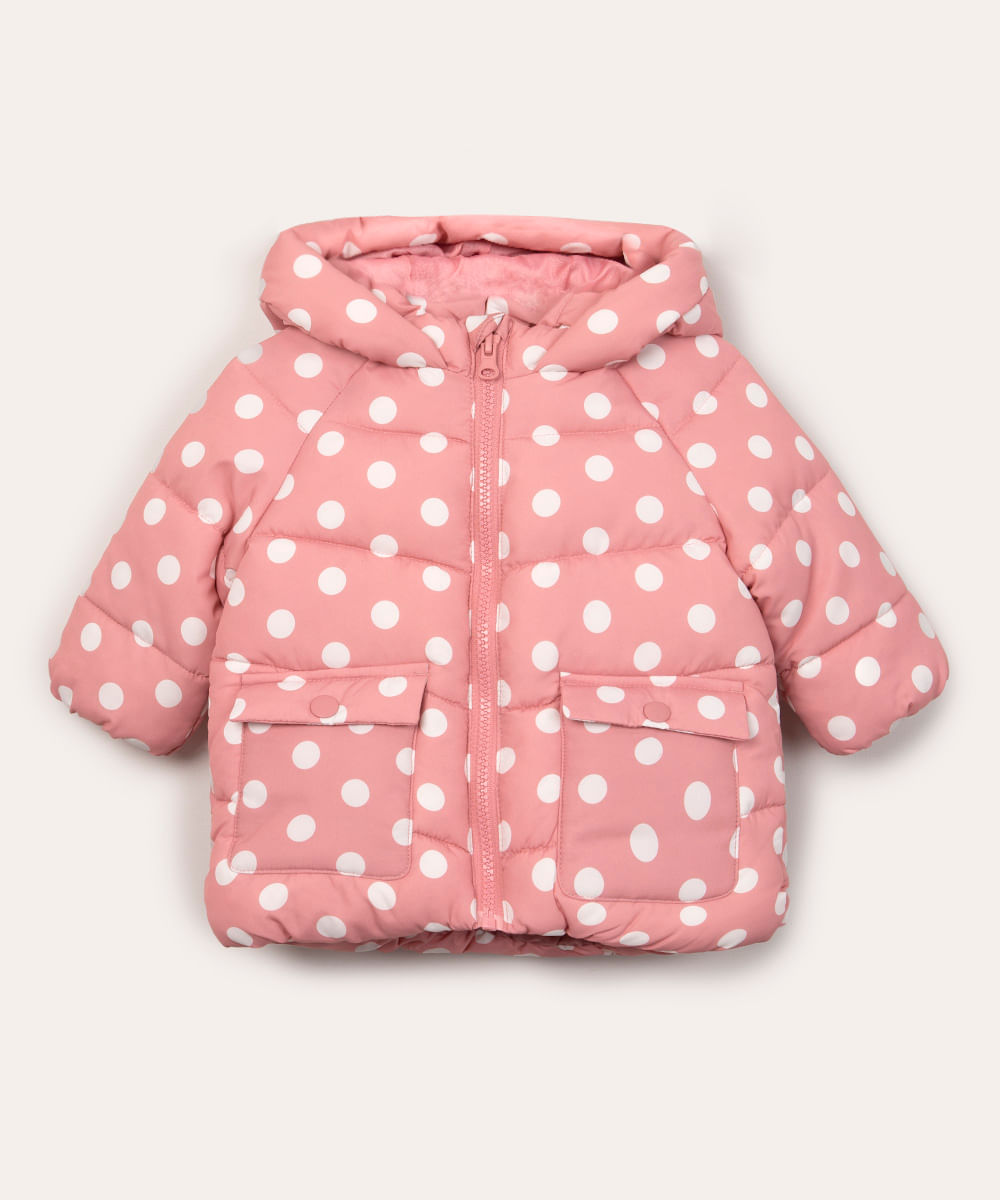 jaqueta infantil puffer poá com capuz rosa