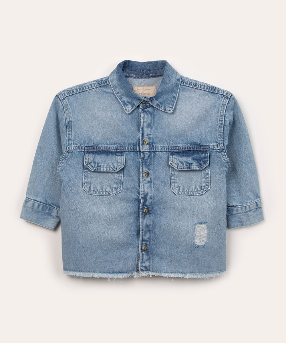 camisa infantil jeans manga longa azul claro