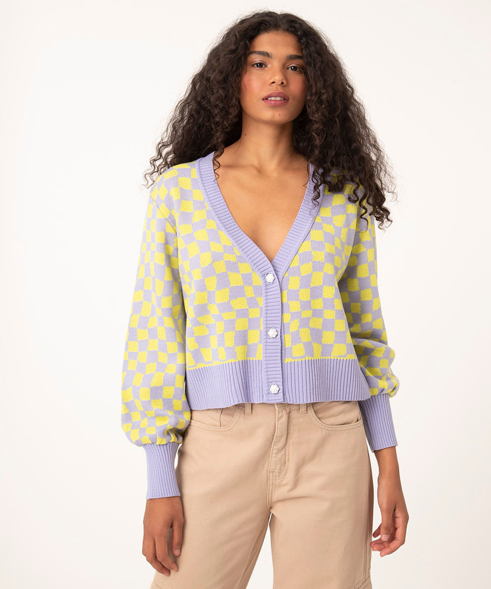 cardigan de tricô quadriculado botões pérola lilás